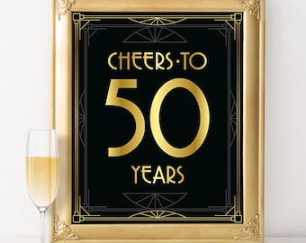Printable 50th birthday decor - Cheers to 50 years birthday sign. Birthday party decorations, 50th anniversary sign, roaring 20s party