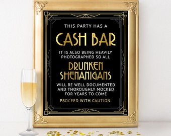 Cash bar sign, printable files, digital download. Party bar decor, table sign in Gatsby, roaring 20s, art deco, black and gold style signage