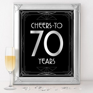 70er Geburtstag Poster. Geburtstagsparty Dekor - Prost auf 70 Jahre Geburtstagsschild. Großartiger Gatsby roaring 20er Jahre Partybedarf, Art Deco Stil