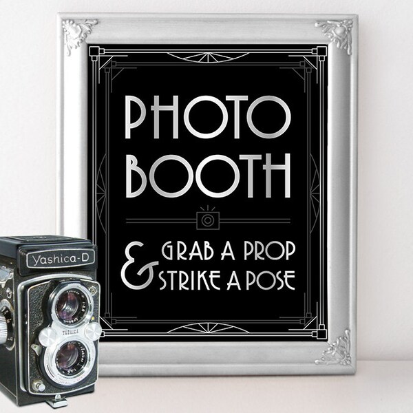 Grab a Prop and Strike a Pose - Printable Photo Booth Sign for a Roaring 20s party, Bachelorette party at Gatsbys, Art deco wedding decor