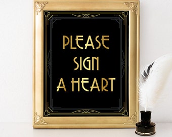 Please Sign a Heart for Roaring 20s Wedding Reception, Guest Book, Digital Download, Art Deco, Printable Sign, Wedding Decor, Bridal Shower