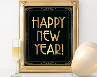 New years eve party decorations - Happy new year 2016 sign. Roaring 20s party supplies, art deco print, Great Gatsby new year printable