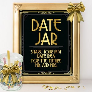 Printable bridal shower decoration, date jar sign, Great Gatsby bachlerette decor, roaring 20s party, black and gold, wedding games