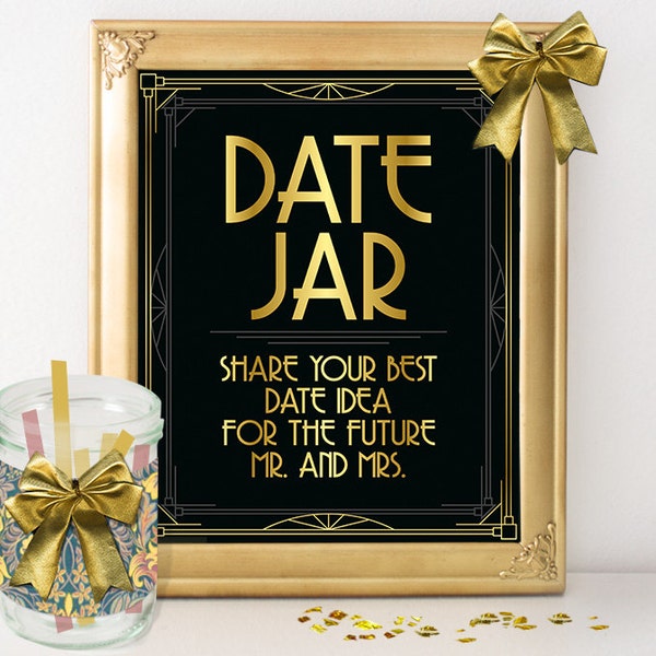 Printable bridal shower decoration, date jar sign, Great Gatsby bachlerette decor, roaring 20s party, black and gold, wedding games