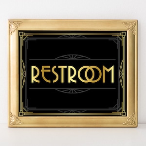 Printable Restroom Sign for Great Gatsby Wedding, Digital Download, Black and Gold Printable, Wedding Decor, 20s Wedding, Bridal Shower