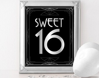 Sweet 16 birthday sign. Sweet sixteen decorations. Great Gatsby roaring 20s party supplies, Hollywood party decorations, 16th birthday sign