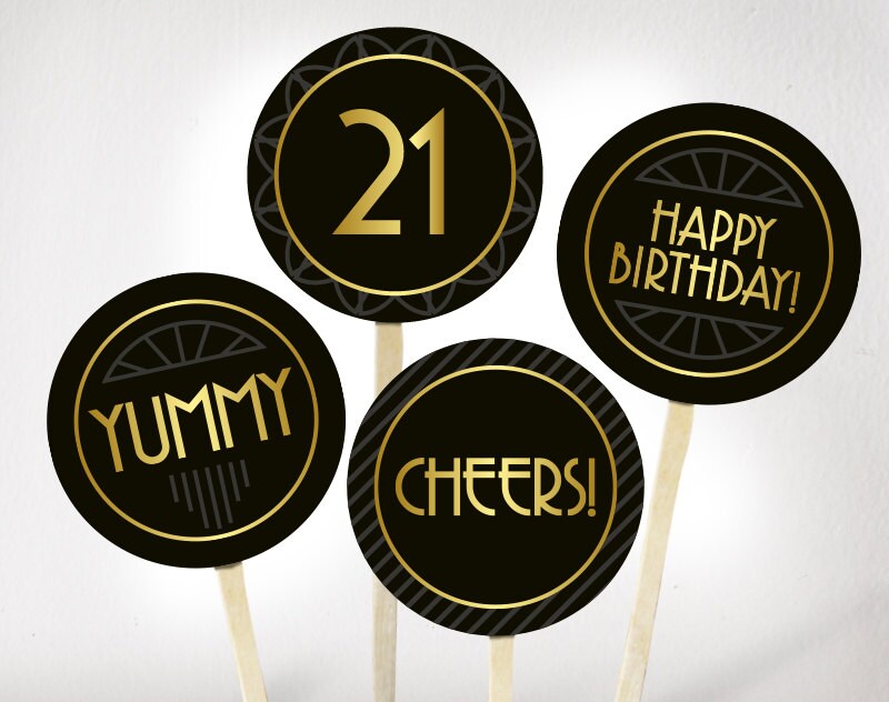 Printable Happy Birthday Cupcake Toppers Black and Gold - Digital Art Star