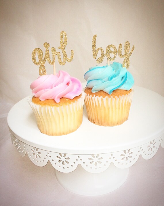 Gender Reveal Cupcake Toppers Boy Or Girl Gold Glitter Blue Etsy