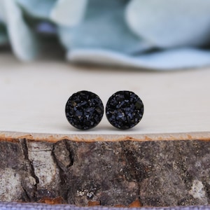 Black Druzy Stud Earrings, Hypoallergenic Stainless Steel Posts