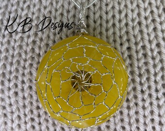 Yellow Jade Large Stone Pendant w/ Silver 2.25" - Wire Wrapped Stone Jewelry - Solar Plexus Chakra