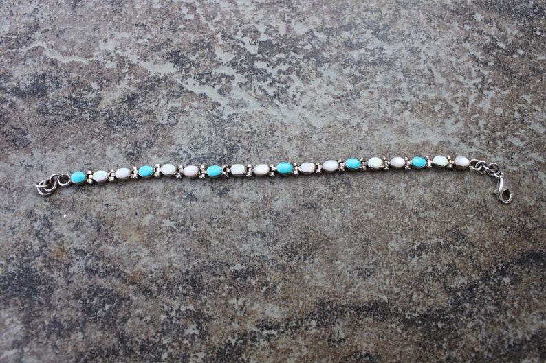 Turquoise Mother of Pearl and White Opal Bracelet in Sterling Silver
