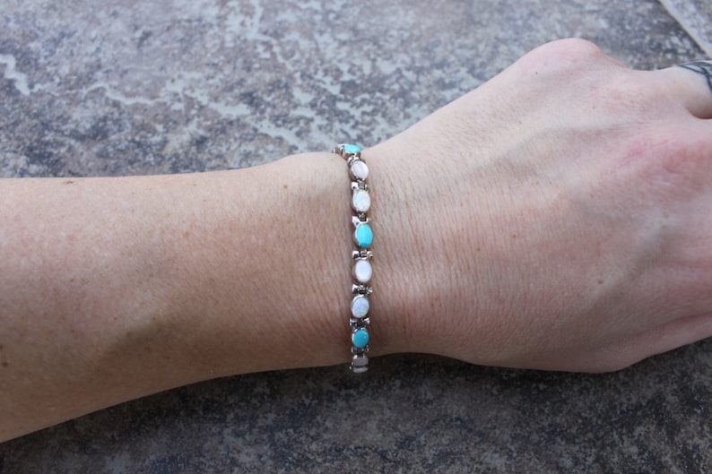Turquoise Mother of Pearl and White Opal Bracelet in Sterling Silver