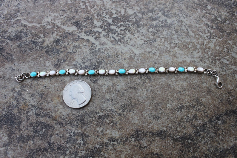 Turquoise Mother of Pearl and White Opal Bracelet in Sterling Silver