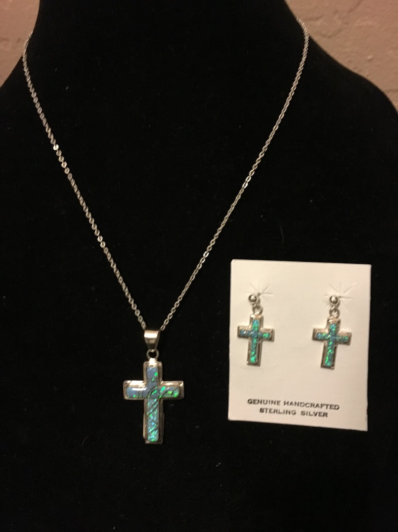Blue Opal and Sterling Silver Cross Pendant and Earrings