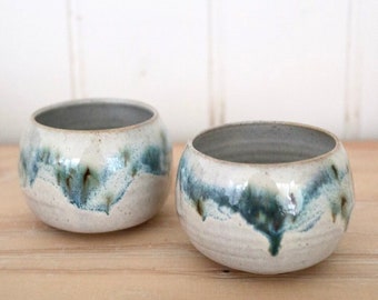 Handmade Japanese ceramics stoneware White & Green black Sake cups / Espresso cups (set of two): Mori (Forest ) collection