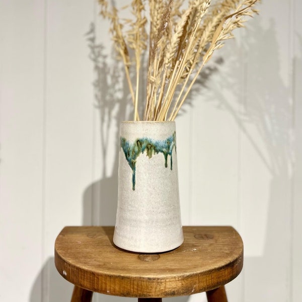 Handmade Japanese Ceramics white & mat green black lines flower vase : Mori (Forest )
