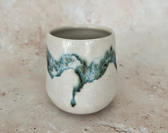 Handmade Japanese Stoneware Ceramics White and blue green Green tea Yunomi cup : Mori=Forest Collection