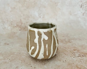 Handmade Japanese ceramic stoneware Wild London clay splashed cream glaze Yunomi cup. (Traditional Japanese geeen tea cup )