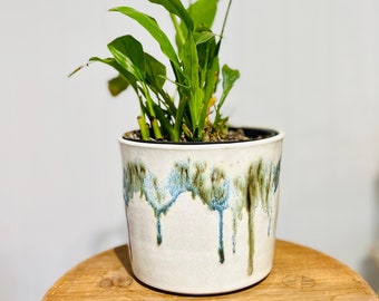 Handmade Japanese ceramic glossy White/ light grey  & Green black lines plant pot / Flower pot: Mori (Forest)