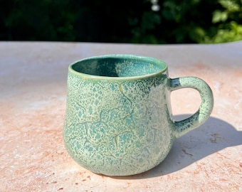 Handmade wheel thrown Japanese ceramics stoneware green mug : Forest green .