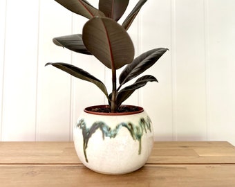 Handmade Japanese ceramic glossy White/ light grey  & Green black lines plant pot / Flower pot: Mori (Forest)