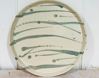 Handmade Japanese ceramics stoneware satin cream and green lines Large plate / Party platter / Cheese board: Weeping willow collection.