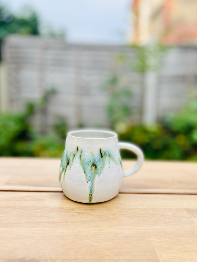 Handmade Japanese Stoneware Ceramics White & Blue green Coffee/Tea cup/Mug: Mori 森Forest Collection image 3