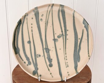 Handmade Japanese ceramics stoneware satin cream and green lines dinner plate: Weeping willow collection.