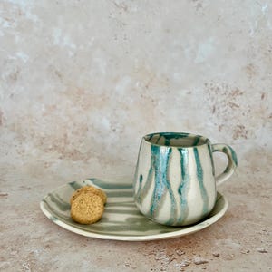 Handmade Japanese stoneware ceramics Satin cream/green lines mug and oval snack plate set :  weeping willows collection