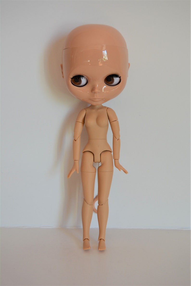 May include: A nude-coloured articulated doll with brown eyes and a bald head. The doll is posed standing with its arms at its sides and its legs slightly apart.