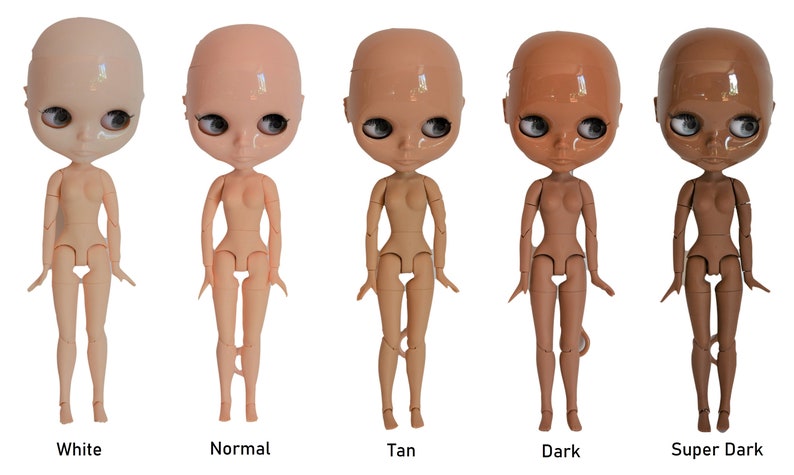 May include: Five nude dolls with different skin tones, ranging from white to super dark. The dolls are all standing with their arms by their sides and their legs slightly apart. The dolls are all bald and have large, round eyes.