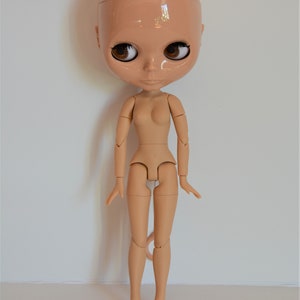 May include: A nude-coloured articulated doll with brown eyes and a bald head. The doll is posed standing with its arms at its sides and its legs slightly apart.