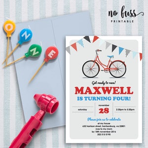 Fahrrad Geburtstag Einladung | 5x7 | Bearbeitbare PDF-Datei | Sofort Download | Personalisieren Sie zu Hause mit Adobe Reader