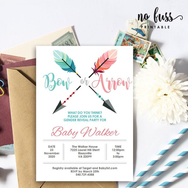 Bow and Arrow Gender Reveal Invitation | Boy or girl | 5x7 | Editable PDF File | Instant Download | Personalize at home with Adobe Reader