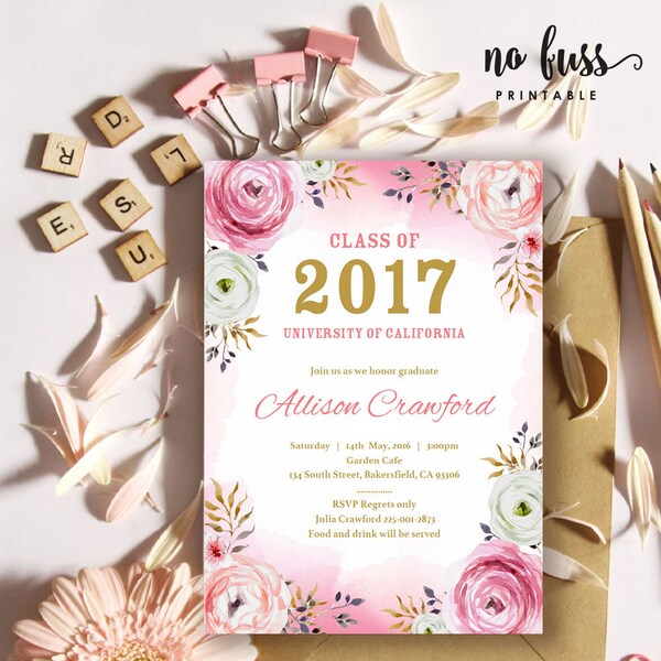 Watercolor Floral Graduation Invitation | Class of 2019 | 5x7 | Editable PDF | Instant Download | DIY at home with Adobe Reader