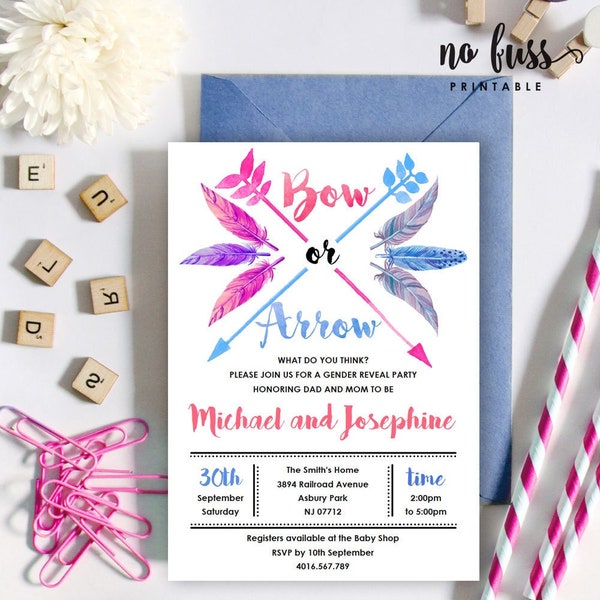 Bow and Arrow Gender Reveal Invitation | Boy or girl | 5x7 | Editable PDF File | Instant Download | Personalize at home with Adobe Reader