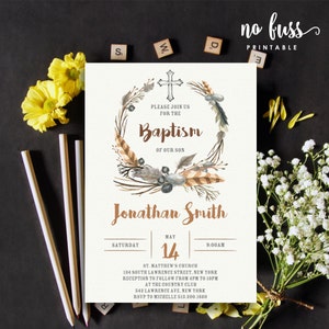 Watercolor Boho Feather Baptism Invitation Christening 5x7 Editable PDF Instant Download Personalize at home with Adobe Reader image 1
