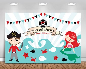 Pirate and Mermaid Backdrop | Party Banner | Poster | Signage | Personalised | Printable ONLY | Birthday Backdrop