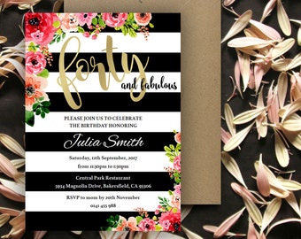 Forty and Fabulous Flower Birthday Invitation | 5x7 | Editable PDF File | Instant Download | Personalize at home with Adobe Reader