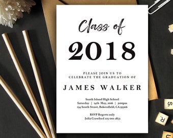 Black and White Graduation Invitation | 5x7 | Editable PDF | Instant Download | DIY at home with Adobe Reader