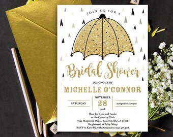 Umbrella Bridal Shower Invitation | Gold and Black Umbrella | 5x7 | Editable PDF | Instant Download | Personalize at home with Adobe Reader