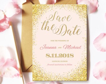 Pink and Gold Save the Date | 5x7 | Editable PDF File | Instant Download | Type setting at home with Adobe Reader