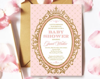 Pink and Gold Princess Baby Shower Invitation | 5x7 | Editable PDF | Instant Download | Personalize with Adobe Reader
