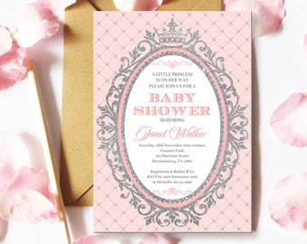 Pink and Silver Princess Baby Shower Invitation | 5x7 | Editable PDF | Instant Download | Personalize with Adobe Reader