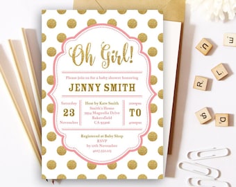 Oh Girl Baby Shower Invitation | Gold Glitter and Pink | 5x7 | Editable PDF File | Instant Download | Personalize at home with Adobe Reader