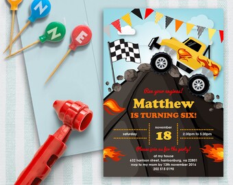 Invitación de cumpleaños de Monster Truck / 5x7 / Archivo PDF editable / Descarga instantánea / Personalizar en casa con Adobe Reader