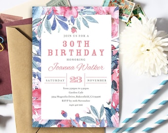 Floral Birthday Invitation | 5x7 | Editable PDF File | Instant Download | Personalize at home with Adobe Reader