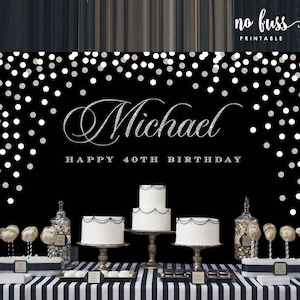 Black and Silver Backdrop | Adults Party Banner | Poster | Signage | Personalised | Printable ONLY | Birthday Backdrop