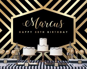 Black and Gold Backdrop | Printable Digital File |  Party Banner | Personalised | Custom | Birthday | Adult | Wedding | Retirement | Photo