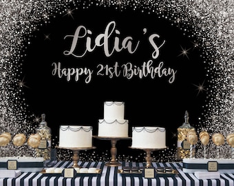 Black and Silver Backdrop | Adults Party Banner | Poster | Signage | Personalised | Printable ONLY | Birthday Backdrop